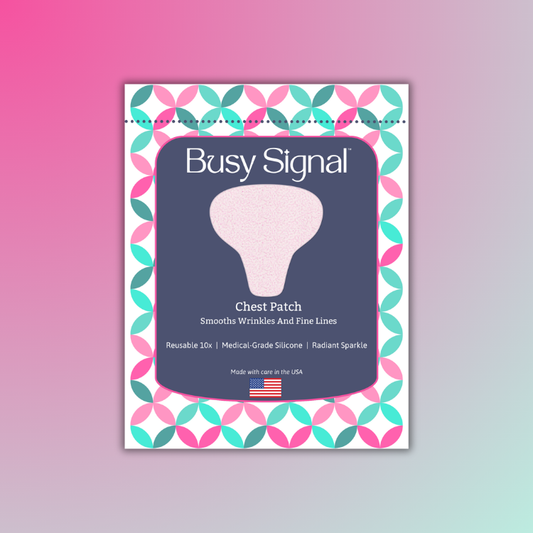 Busy Signal Chest patch packaging on a gradient pink and purple background