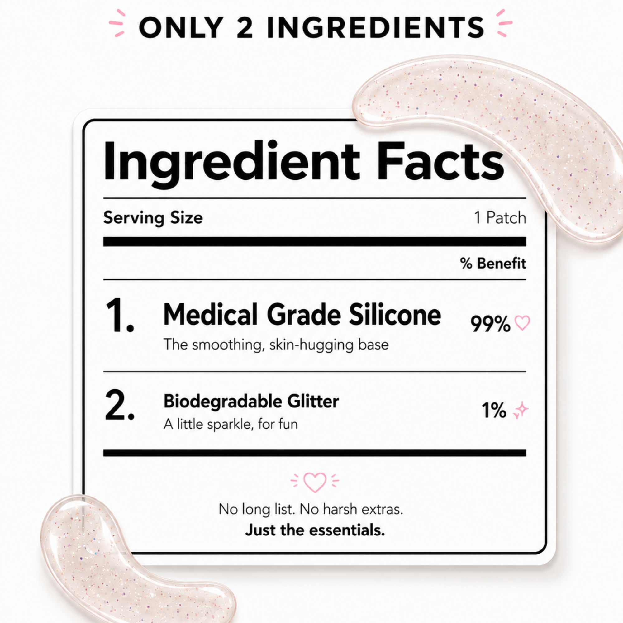 Ingredient facts label for a Busy Signal patches with medical grade silicone and biodegradable glitter on a white background.